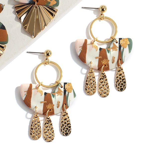 Polymer Clay Gold Flecked Metal Tassel Boho Gold Earrings - Picture 3 of 6